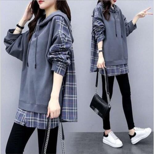Tops Women Casual Fake Two Piece Hoodies Sweatshirts Fashion British Fake Plaid Shirt Oversized Loose Spring Pullover Harajuku