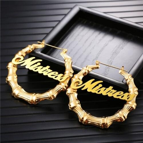 Bamboo Hoop Custom Name Personalized Earrings Stainless Steel Hip Hop Big Size Women Stud Earrings Fashion Jewelry