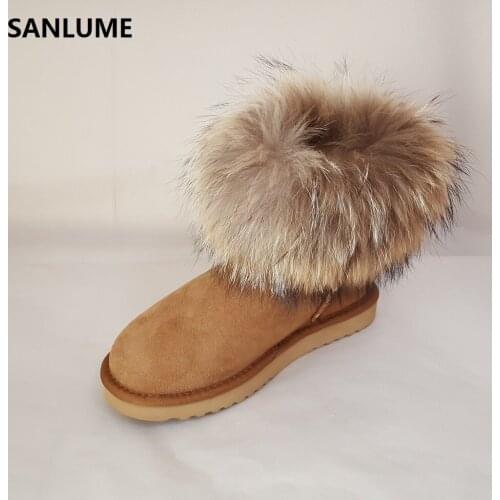 SANLUME Women Winter Leather for fur snow boots 100% Real sheepskin fur boots Classic chestnut Warm ankle boots size 42