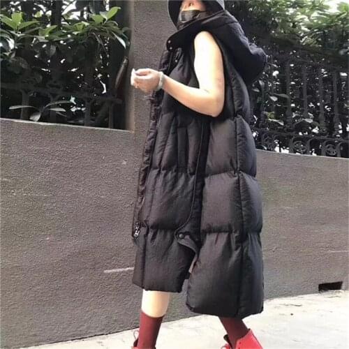 Casual knee-length loose long down cotton vest jacket autumn and winter 2021 new hooded ladies black red dress top