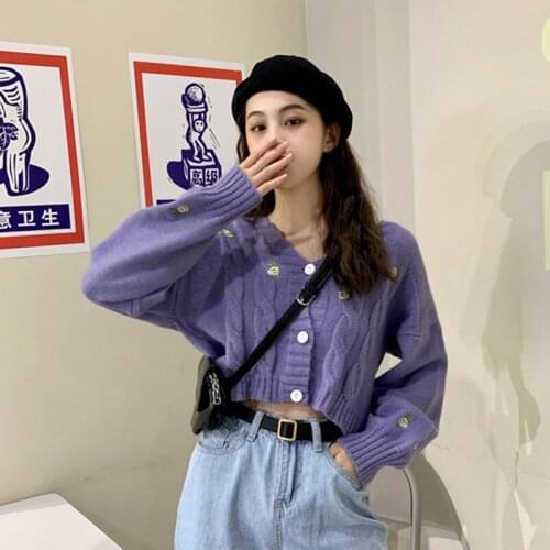 Women Cardigan Floral Embroidery Knitted Cute Fashion Crop Sweater Spring Autumn V-Neck Lantern Sleeve Harajuku Female Top