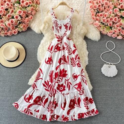 Summer Women Printed Beach Spaghetti Strap Dress Vintage Sleeveless High Waist A-Line Casual Vestidos Female Big Swing Robe 2021