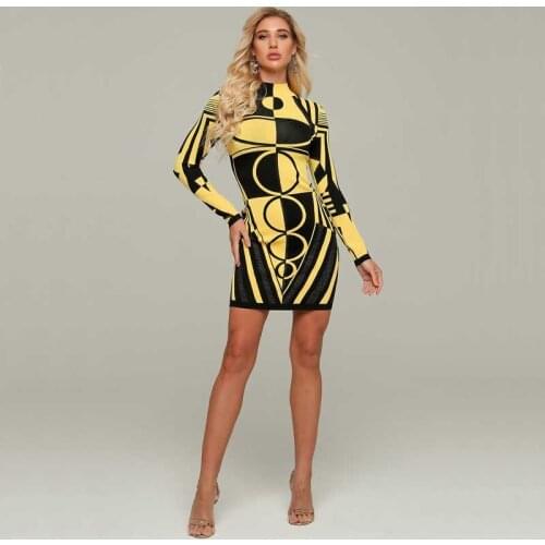 Wholesale 2020 womans dress yellow jacquard long sleeve high quality fashion celebrity boutique cocktail party bandage dress