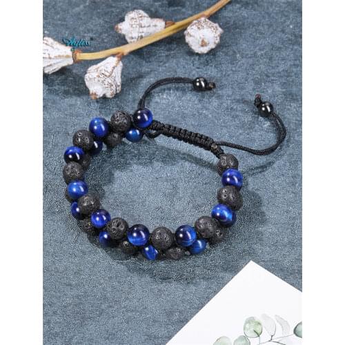 Ayliss New Handmade Braid Bracelet Tiger Eye+Lava Stone Semi Precious Natural Gem Stone Double Layer Stretch Bracelets Jewelry