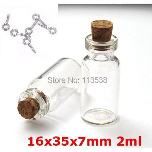 Free shipping 20pcs/lot 16x35x7mm 2ml Tiny diy Clear Glass Bottle Charms Pendants with cork Eyehook 1ML perfume bottle