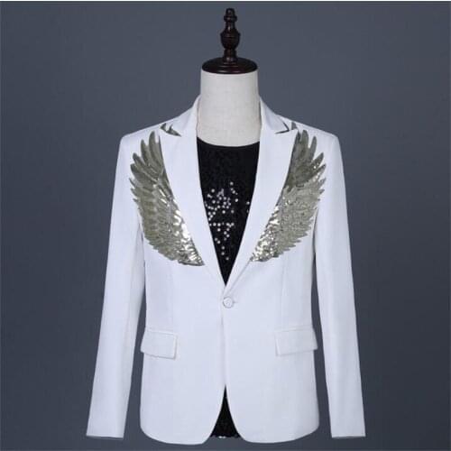 Sequined wings blazers mens suit youth plus size costumes for male singers stage costumes for groomsmen wedding dresses white