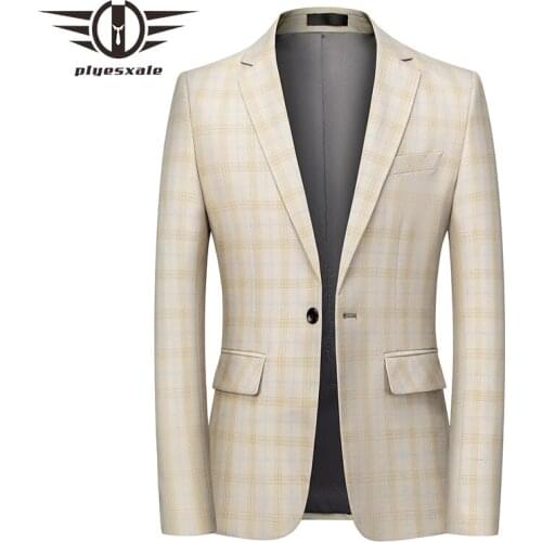 Plyesxale Brand Big Size Beige Blazer Casual Masculino Chaqueta Formal Hombre Mens Plaid Blazers Business Suit Jacket M-6XL Q799