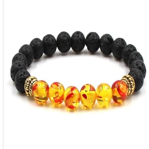 8mm Amber Volcanic Gemstone Mala Bracelet 7.5inches Buddhism Sutra Bless Energy Reiki Men Cuff Stretchy