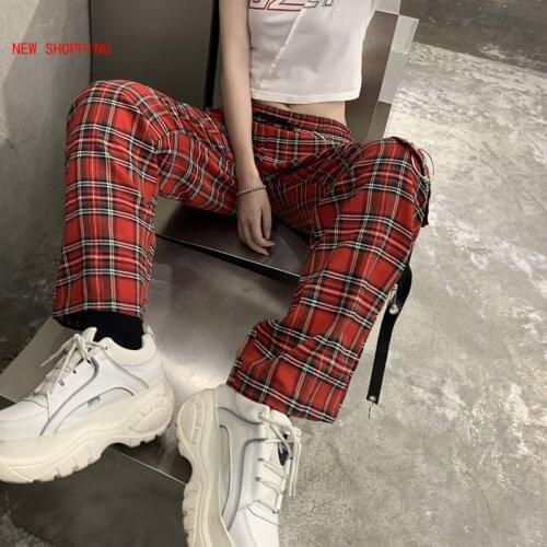 2021 New Harajuku Vintage Plaid Streetwear Chain Women Jogger Pants Punk Loose Casual Pockets Hip Hop Trousers Straight Pants