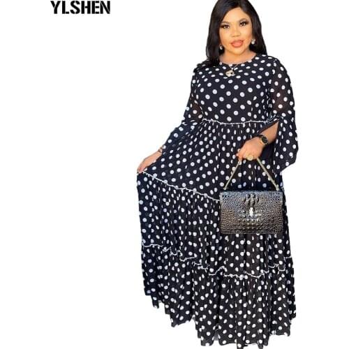 Black African Print Polka Dot Maxi Dresses Women Long Sleeve Chiffon Dress Underdress 2 Pieces Set Muslim Fashion Evening Gowns