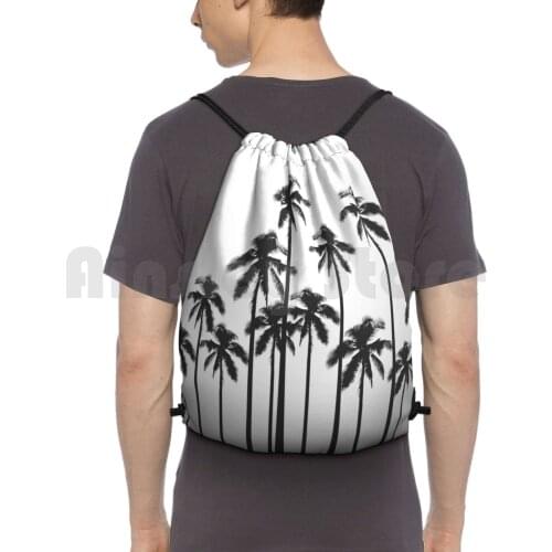 Black And White Exotic Tropical Palm Trees Backpack Drawstring Bag Riding Climbing Gym Bag Pattern Tropical Exotic Summer