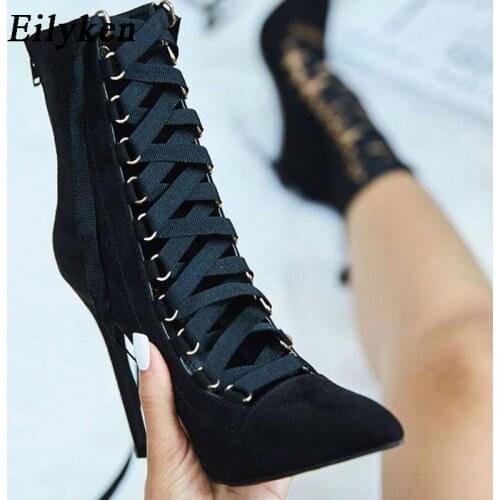 Eilyken Punk Women Ankle Boots Spring Gladiator Short Boots Strappy Lace Up Pointed Toe Stilettos Boot Sandals Pumps 12CM