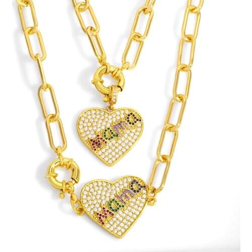 FLOLA Gold Chunky Curb Link Chain Heart MaMa Necklace Women Rhinestone Pendant Necklace Designer Jewelry Mothers Day Gift nkev35