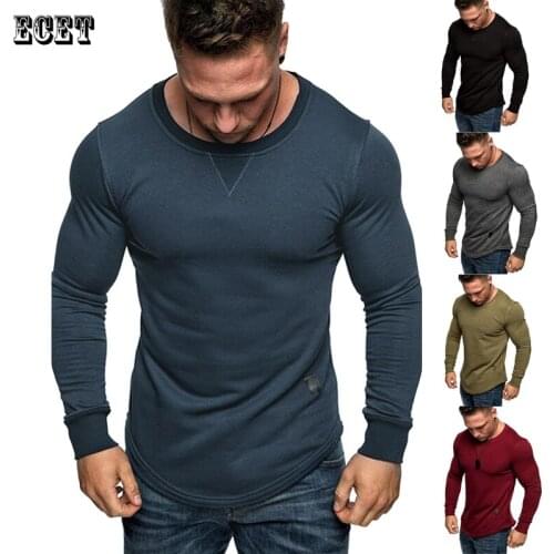 Pure color cotton mens T-shirt casual top jogger streetwear brand mens clothing fashion long-sleeved round neck top