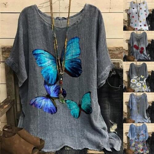 Vintage Oversized T-shirt Women Casual Plus Size Short Sleeve Butterfly Printed Cotton Linen Tunic Shirt O Neck Top Tshirts