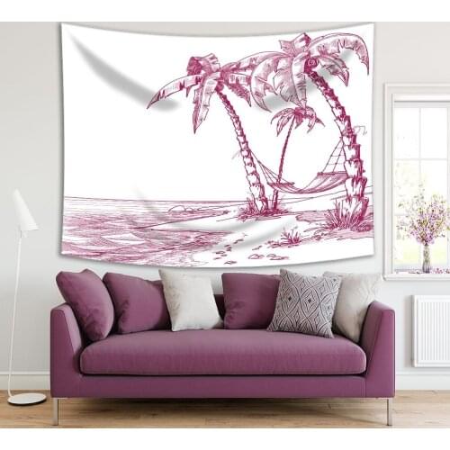 Tapestry Tropical Beach with Palm Trees and Hammock Seaside View Artwork Printed Wine White