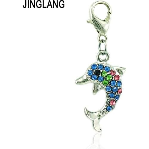 JINGLANG Wholesale Price 2 Color Rhinestone Dolphin Lobster Clasp Charms Animal Pendants DIY For Jewelry Making Accessories