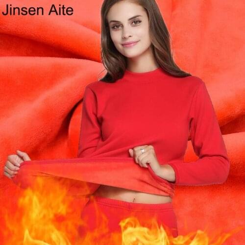 Jinsen Aite 2018 New Fleece Thick Winter Long Johns Sets for Women Solid Warm Thermal Underwear Soft Cotton Plus Size XXXL JS38
