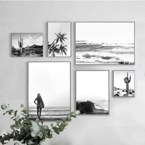 Black White Ocean Palm Cactus Canvas Painting Coastal Wall Art Posters and Prints for Living Room Nordic Decoration Wall Picture