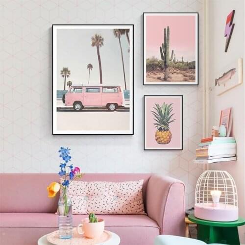 Pink Bus Cactus Pineapple Flower Quotes Canvas Painting Nordic Posters And Prints Wall Art Pictures For Living Room Home Decor