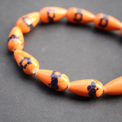 16Pieces Drop Shape Ceramic Beads 10.2mm*20mm Orange Color with Navy flower Patterns for jewelry making 5215