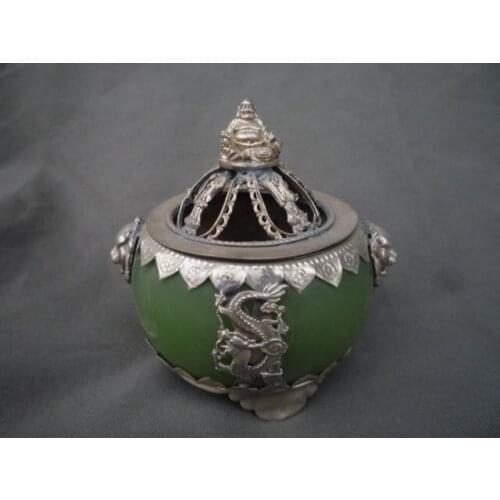 Collection Qing Dynasty silver&jade censer ,Free shipping