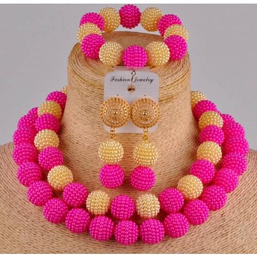 Beautiful fuchsia pink and champagne gold african beads jewelry set costume necklace nigerian wedding set
