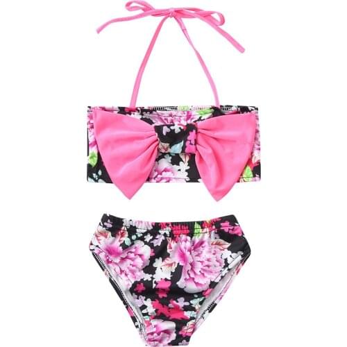 Summer Swimwear baby girls Cute and pretty Bow sling Floral Print Vest Swimwear split swimsuit Bikini Outfits L1205
