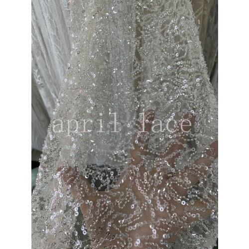 Lx001 5yards/lot new 2020 beige mesh mix color sequin bead wedding embroidery tulle mesh lace fabric for sawing bridal dress