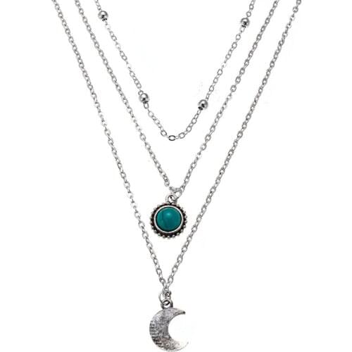 Ancient Silver Color Multi-layered Chain Necklace for Women Inlaid Crystal Natural Stone Pendant Necklace Collares Jewelry