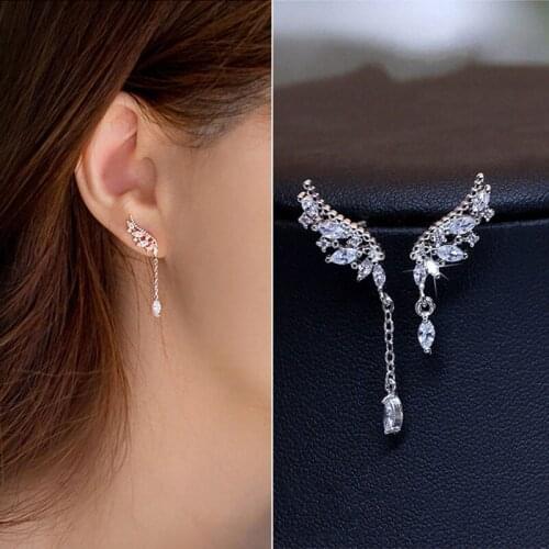 Fashion Women Silver Color Asymmetry Stud Earrings Jewelry Angel Wings Tassels Crystal High Quality Earrings Jewelry