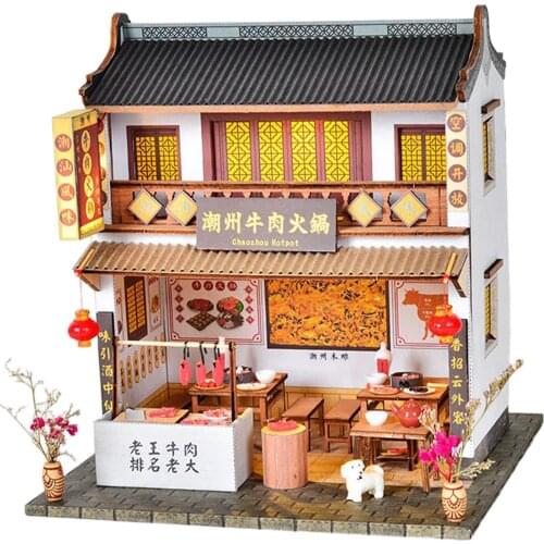 DIY Miniature Dollhouses Kit Chinese Style Wooden House Hotpot Restaurant Gift Toys For Children Doll House