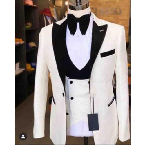 Real Photo White Paisley Groom Tuxedos Peak Lapel Mens Wedding Prom Party Business Suits 3 Piece (Jacket+Pants+Vest+Tie) NO:48