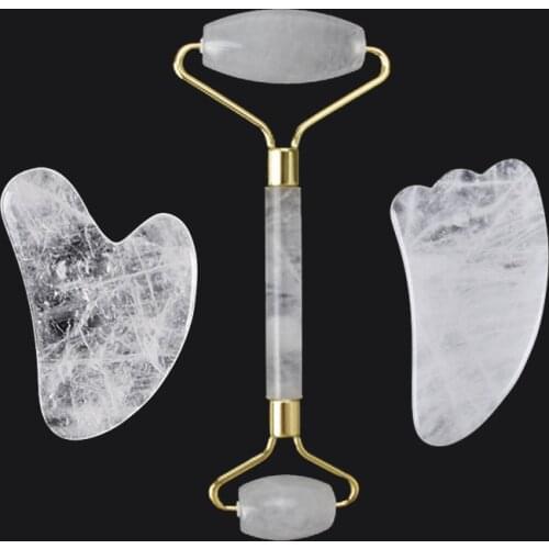 Natural White Crystal Roller and Gua Sha Tools Set Anti Aging Natural Jade Roller for Face Wrinkle Removal Jade Facial Massager