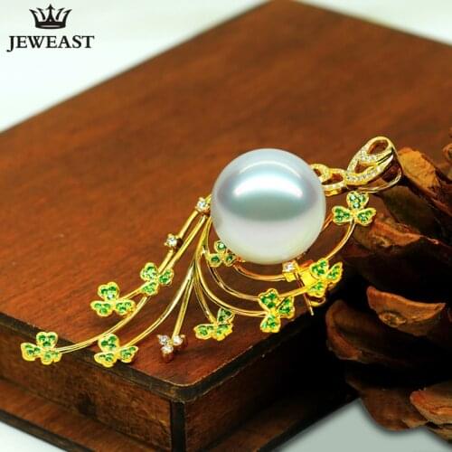 18K Pure Gold Natural Southsea Seawater Pearl Pendant Necklace Charm White Diamond Luxury Dia15mm noble elegant women lady gift