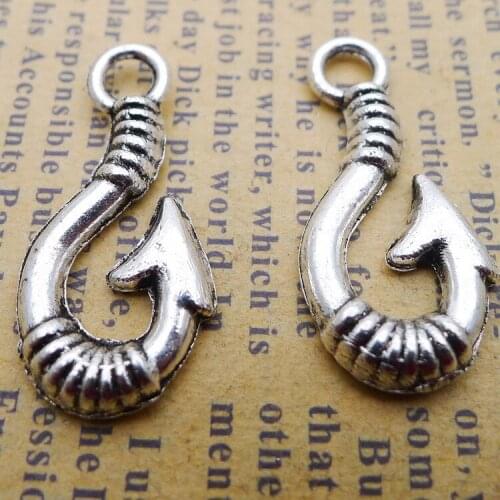 20 PCS/Lot 13mm*25mm Pendants Necklaces Antique Silver Color Fish Hook Charms Handcraft For DIY Jewelry Making