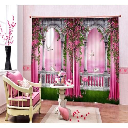 Modern Luxury Chinese 3D pink lake Swan Photo Blackout Curtains For Bedding room Living room Hotel Drapes Cortinas para sala