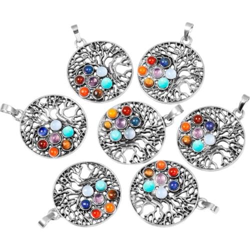SUNYIK 7 Chakra Stone Reiki Chakra Healing Tree of Life Charm Pendant Yoga Jewelry