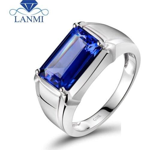 LANMI Blue Tanzanite Wedding Rings Real 18K White Gold Ring For Men Natural Gemstone Ring Fathers Day Gift