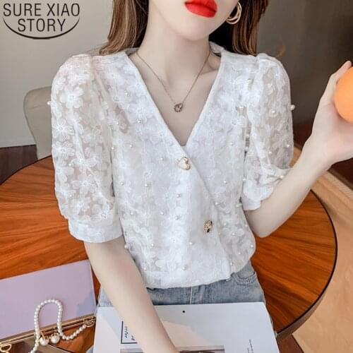 Women Blouses Summer 2021 New Puff Sleeve V-neck Fashion Lace Shirt Short Sleeve Hook Flower Hollow Tops Beading Blusas 15134