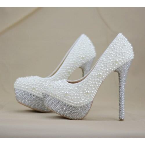 Silver and White Pearl Wedding Shoes Super High Heel Pointed Toe with Platform Handmade Women Pumps Party Banquet Evening Dress