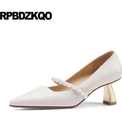 Ladies Strap Beige European Girls Suede Thick Genuine Leather Pearl High Heels Shoes Mary Jane Black Pointed Toe Pumps Sweet