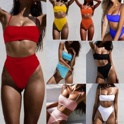 Womens Sexy 2 Pcs Bikini Set Spaghetti Cami Strap Bandeau Swimsuit High Waisted Cheeky Thong Solid Color Bathing Suit Wholesales