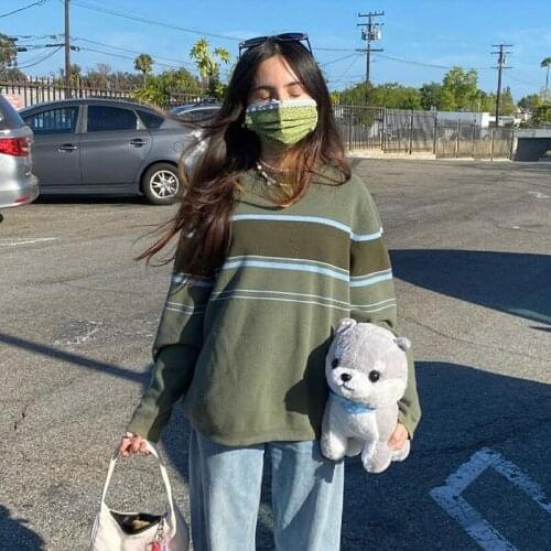 Streetwear Green Patchwork Long Sleeve Women Sweater Loose Striped Casual Autumn Winter Offical Female Pullovers Fashion 2021