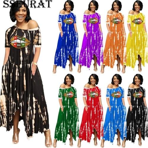 SSEURAT Women Long Dress Print Short Sleeve O-neck Loose Asymmetrical Maxi Midi Dresses with Pockets Fashion Streetwear Summer