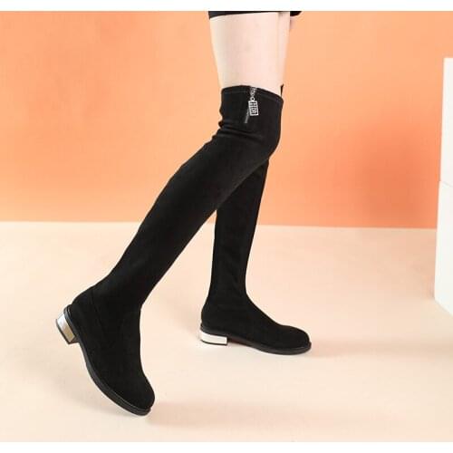 Winter 2020 Plush Knee Boots low heel side zipper casual Korean high boots womens one legged long fashion sparkly boots