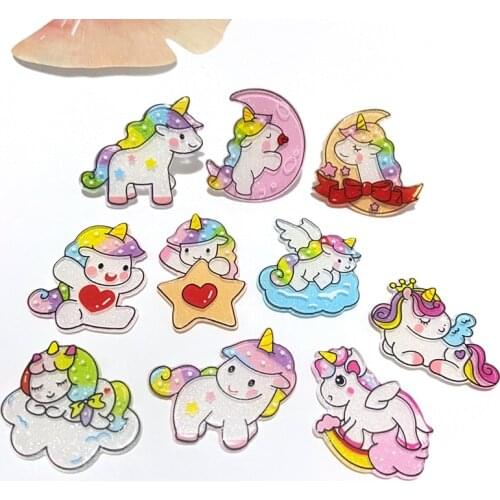 10Pcs/lots New Planar Unicorn Rainbow Flatback Cartoon Decorations DIY Arts Crafts Sticker Accessories Glitter Bow Resin