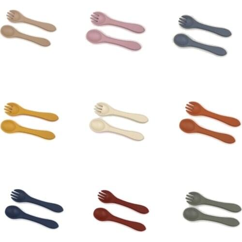 2pcs/set Silicone Baby Feeding Training Spoon and Fork Set Baby Accessories