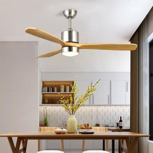 American Modern Household Living Room LED Wood Fan Blade Ceiling Fan Lamp High Quality Iron Art Restaurant Fan Hanging Light