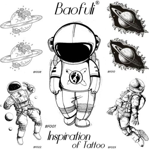 BAOFULI Men Black Waterproof Temporary Tattoo Astronaut Children Universe Series Fake Arm Tatoos Body Art Cartoon Tattoo Sticker